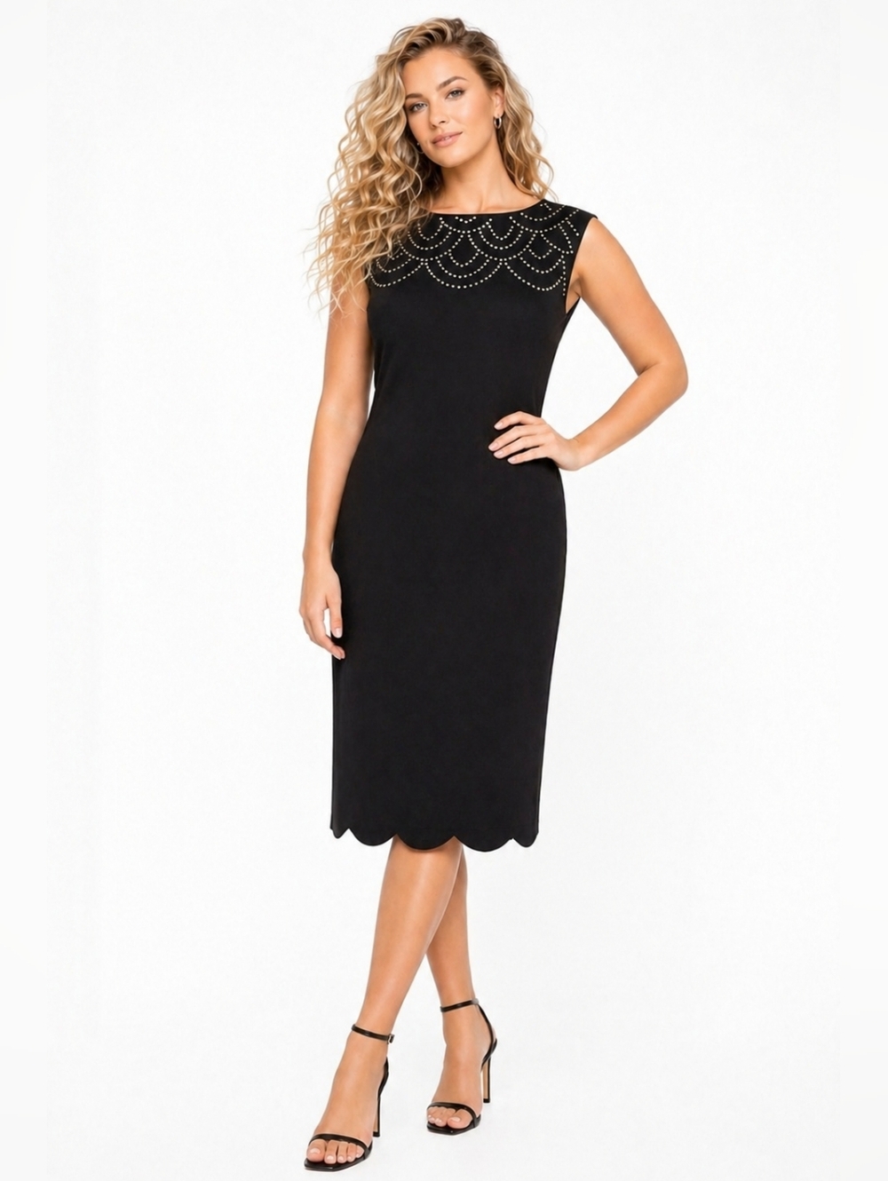 Jones New York Black Studded Scallop Hem Sheath Dress Size 14